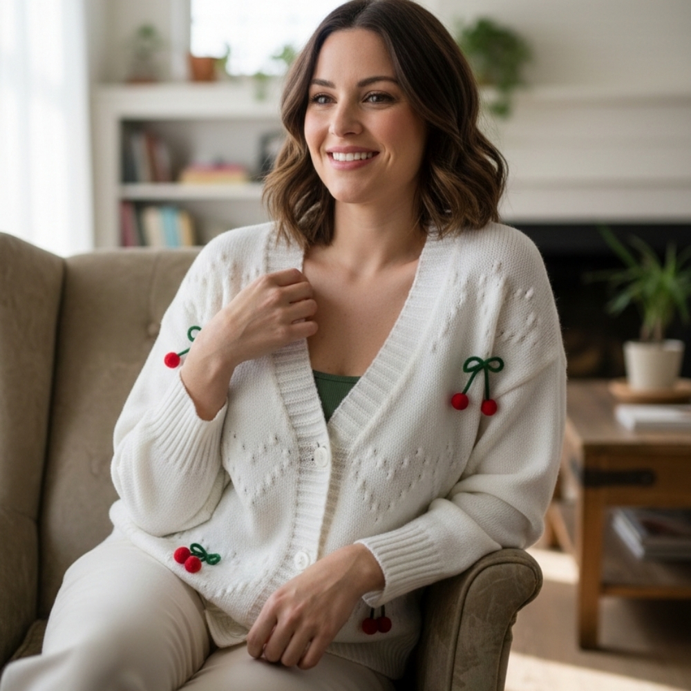 Cute Women's Sweater 100% Polyester Wich Cherry Details